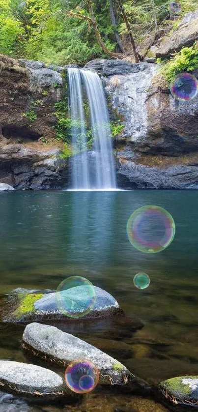 Waterfall and forest mobile wallpaper with rocks and serene waterscape.