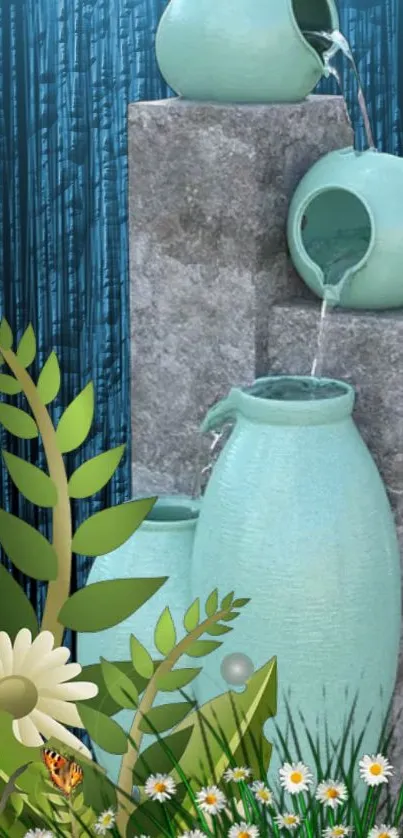 Teal vases with cascading water and green foliage in a serene garden wallpaper.