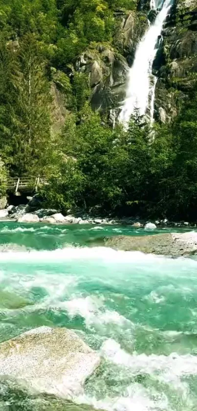 Scenic waterfall flowing through lush forest landscape with emerald green waters.