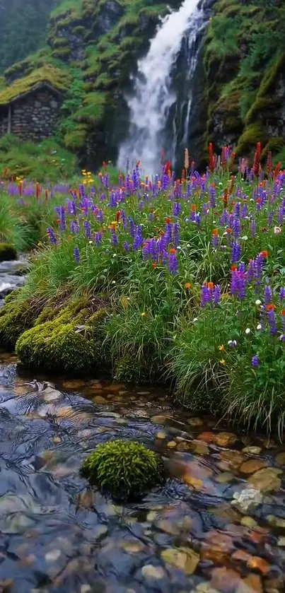 Colorful wildflowers by a tranquil waterfall and stream in a lush forest.