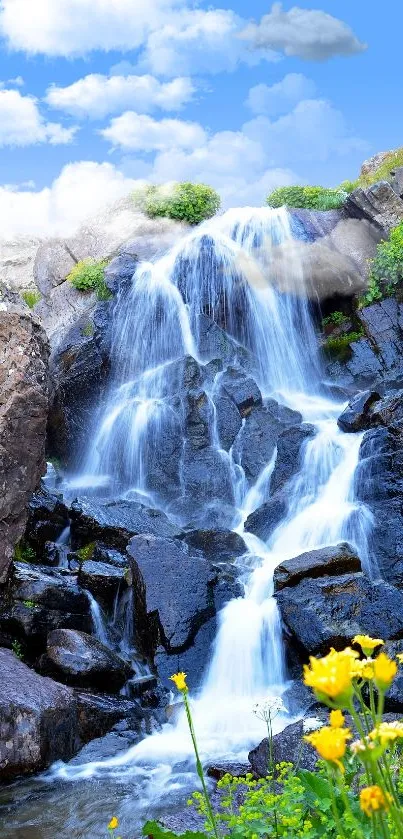 A tranquil waterfall flows over rocky cliffs surrounded by greenery and vibrant flowers.