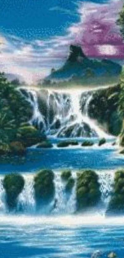 Tranquil waterfall landscape with vibrant colors and serene nature.