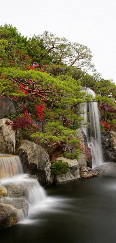 Scenic mobile wallpaper featuring lush foliage and cascading waterfalls.