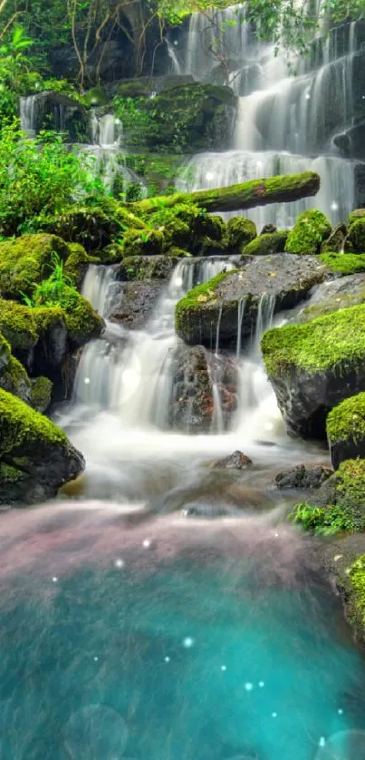 Scenic waterfall with lush greenery and cascading water in vibrant colors.