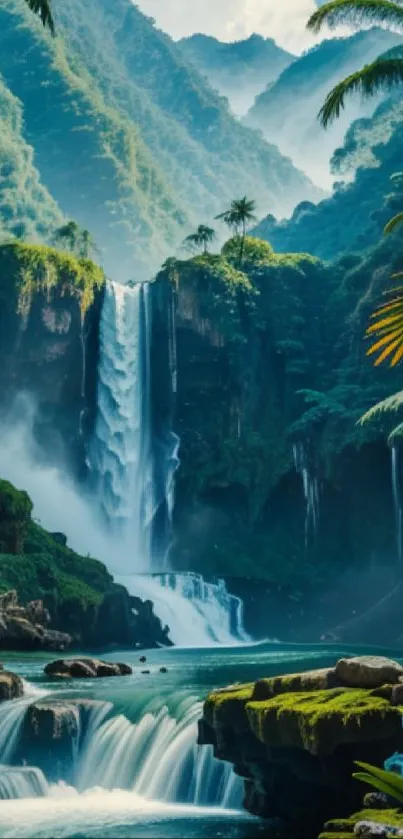 Tropical waterfall cascading in lush green forest.