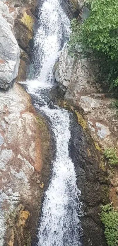 Serene waterfall cascading over rocky cliffs surrounded by greenery.