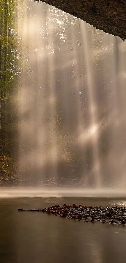 Serene waterfall with sunlight streaming through lush forest, a perfect mobile wallpaper.