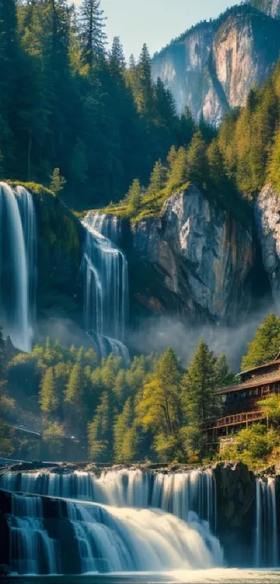 A serene landscape with a stunning waterfall and lush greenery.