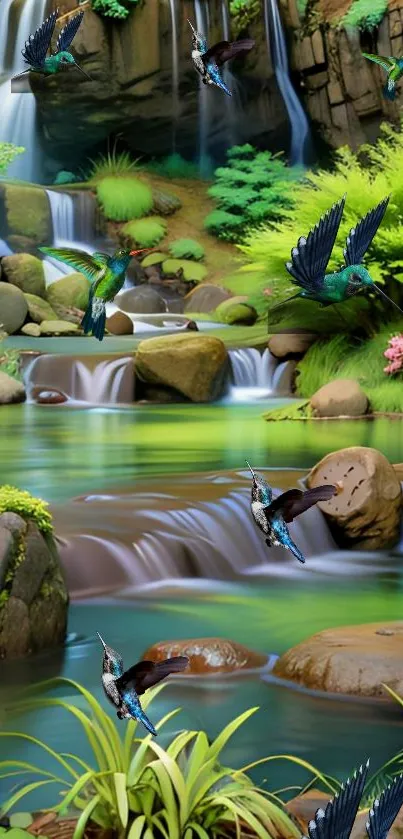 A vibrant waterfall with lush greenery and colorful birds in flight.