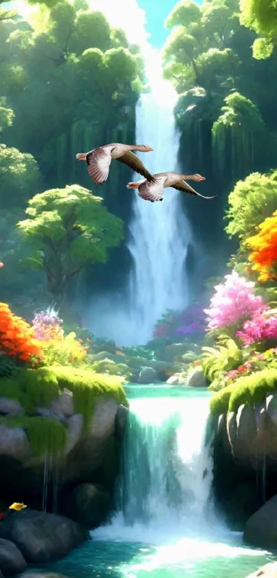 Serene waterfall landscape with colorful flowers and birds.