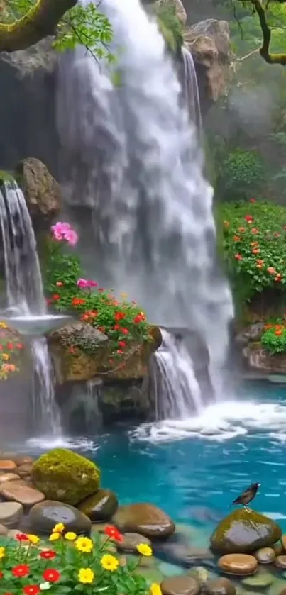 Serene waterfall with vibrant flowers and lush greenery.