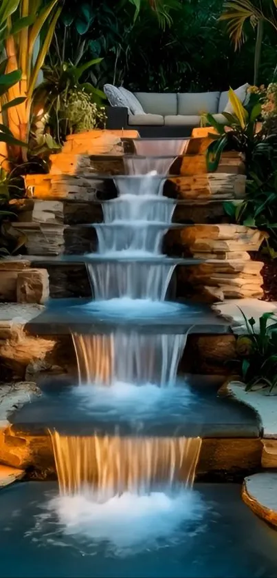 Tranquil waterfall surrounded by lush greenery and rocks.
