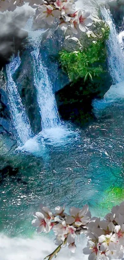 Tranquil waterfall with lush greens and sparkling water.