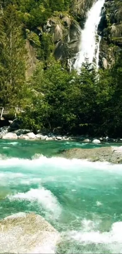 Serene turquoise waterfall surrounded by lush green forest.