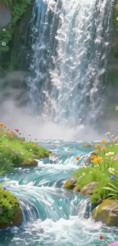 Beautiful waterfall with colorful flowers and lush greenery.