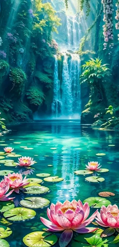 Beautiful waterfall with lotus flowers and lush greenery.