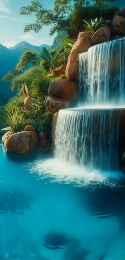 Serene waterfall cascading over rocks in lush tropical scenery.