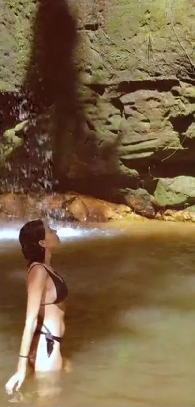 Woman in a serene waterfall setting, embracing tranquil nature.