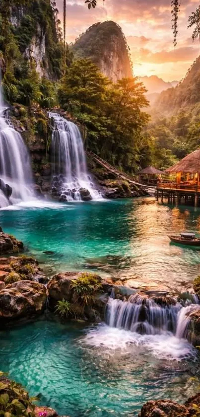 Tranquil waterfall retreat with lush greenery and a vibrant sunset sky.