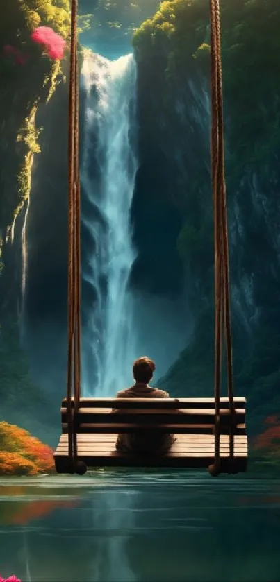 Person on swing in front of a serene waterfall and lush greenery.