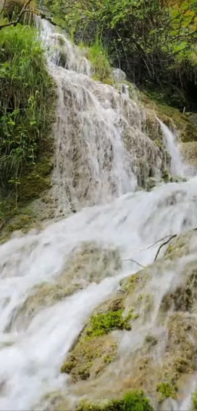 A serene waterfall cascading through lush green forest landscape.