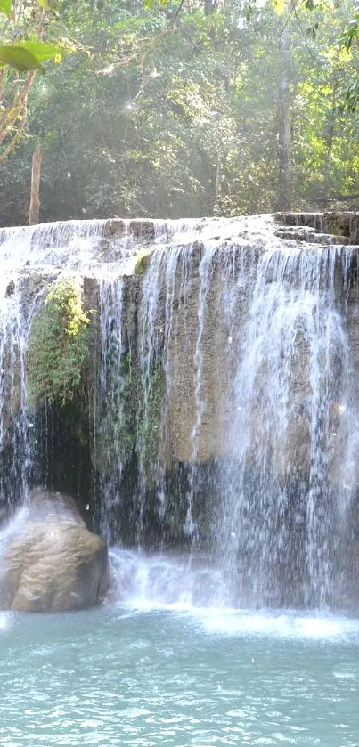 Serene waterfall amidst lush greenery.