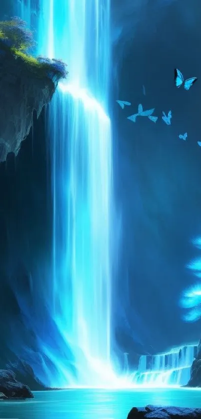 A serene blue waterfall with butterflies and glowing light.