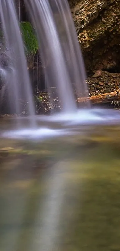 Tranquil waterfall with lush greenery and soothing waters.