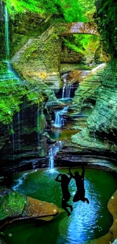 A lush waterfall scene with vibrant greenery and cascading water.