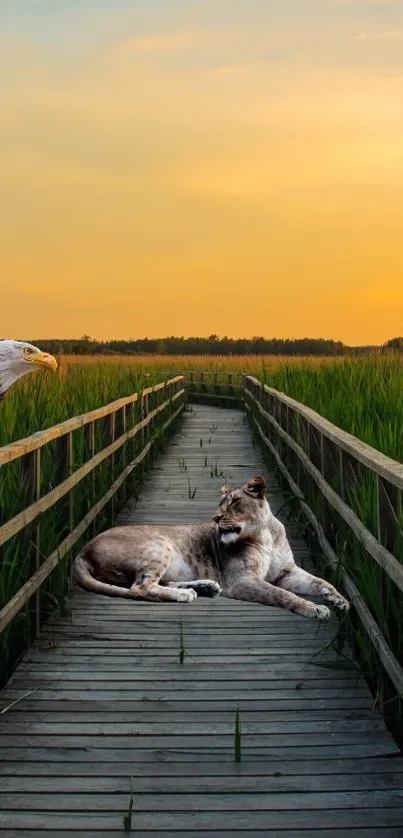 Eagle and lioness on a boardwalk at sunset.