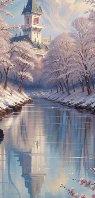 Serene winter scene with castle reflecting in a tranquil river.