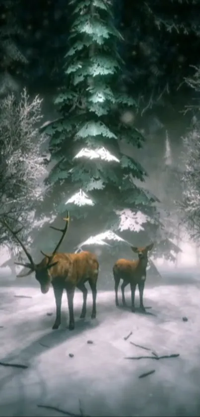 Winter forest with deer and snow-covered trees.