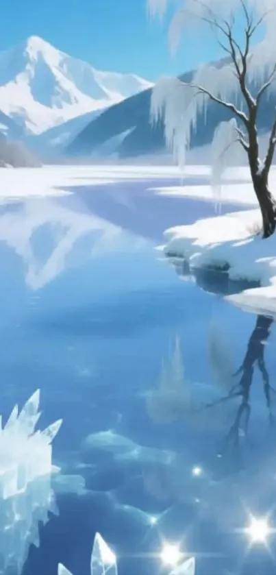 Serene winter lake with snowy mountains.