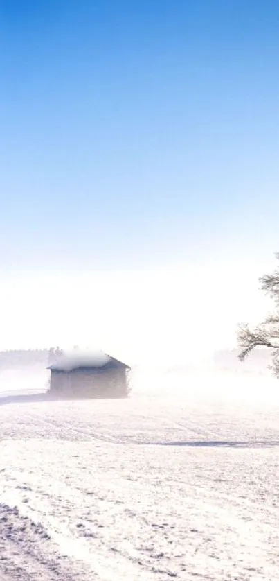 A serene winter landscape with a cabin, tree, and blue sky.