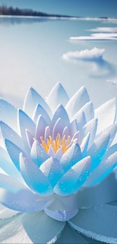 Snowy lotus flower with icy blue petals on a frozen lake.