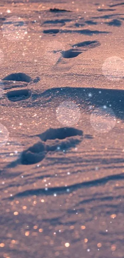 Footprints in sparkling snow at dusk creating a tranquil, serene mobile wallpaper.