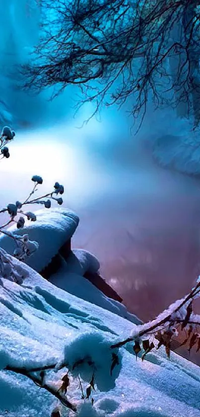 Serene winter landscape with snowy stream and blue-hued forest.