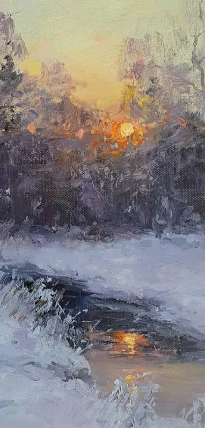 A tranquil snowy landscape with a warm sunset reflection.