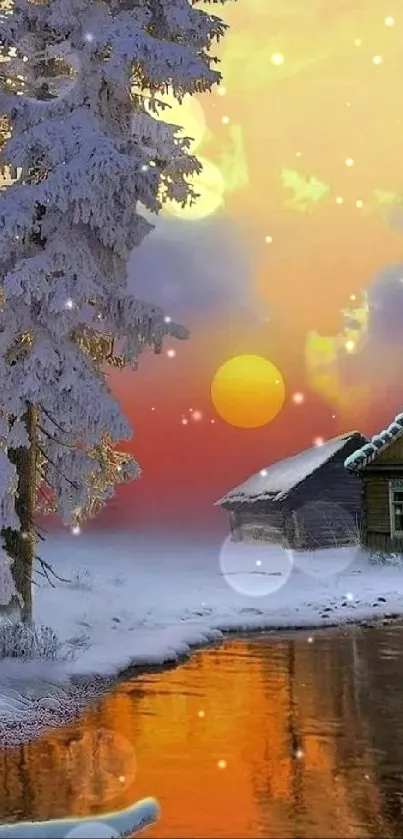 Winter sunset with snowy cabin and river reflection.
