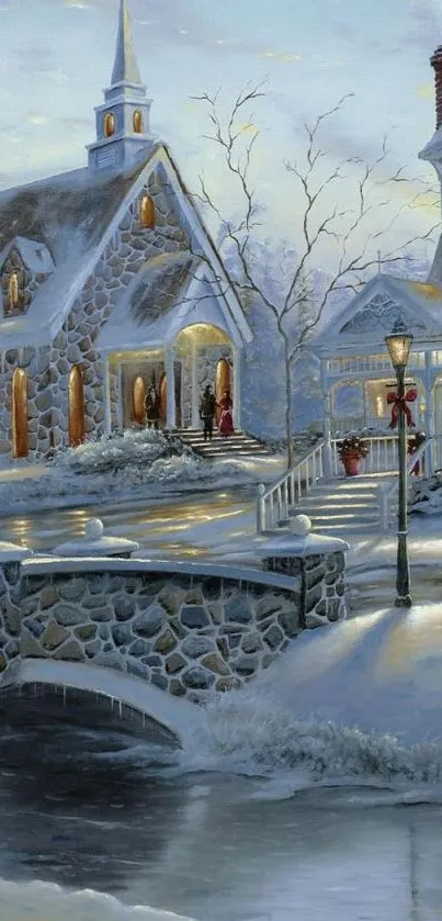 Snowy village with stone buildings and glowing lights.