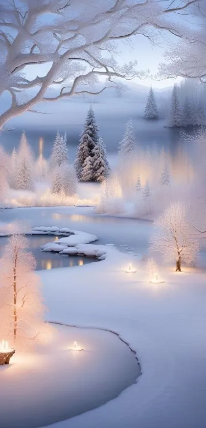 Serene snowy landscape with glowing trees.