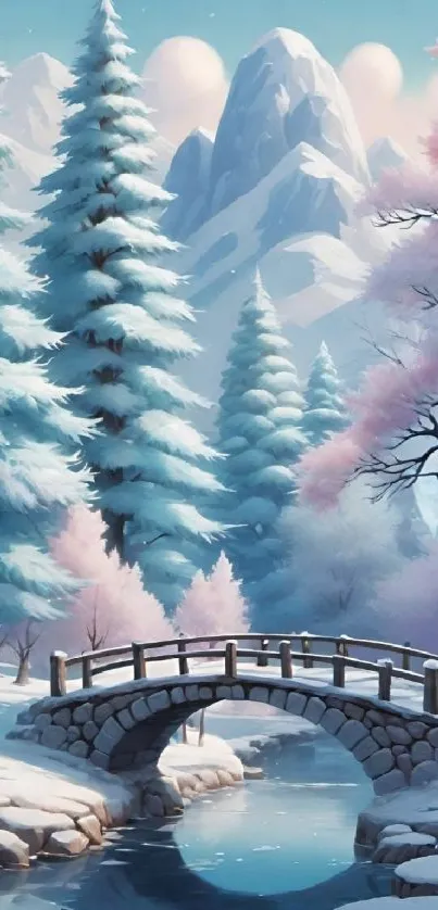 Snowy mountain landscape with a stone bridge.