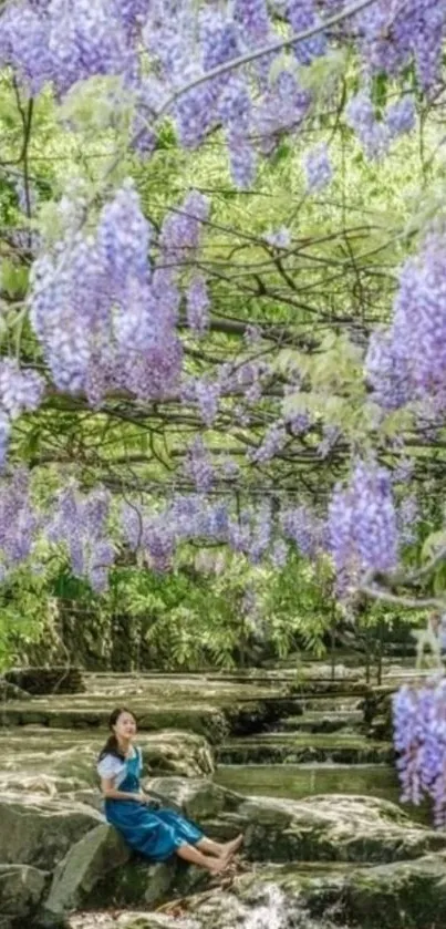 A peaceful scene with wisteria flowers over a tranquil river.