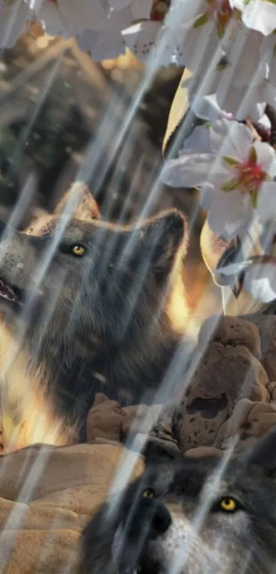 Pair of wolves under cherry blossoms in a rain-soaked forest setting.