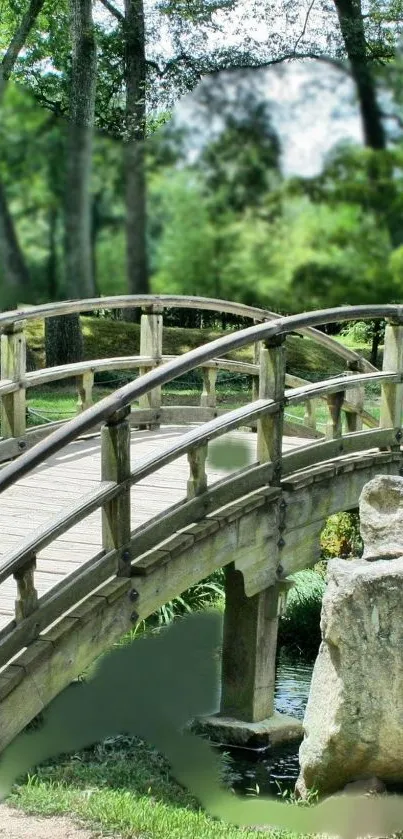 A wooden bridge over water surrounded by lush green trees.