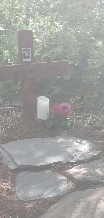 Woodland scene with a cross and flowers, symbolizing peace.