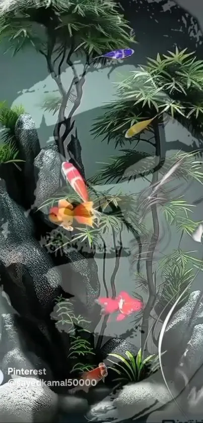 Zen art wallpaper with koi fish and greenery.