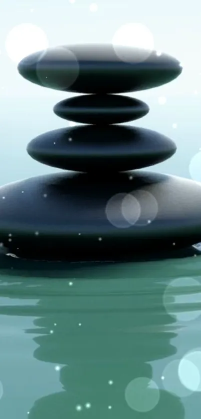 Tranquil Zen stones stacked over calm water with a serene background.