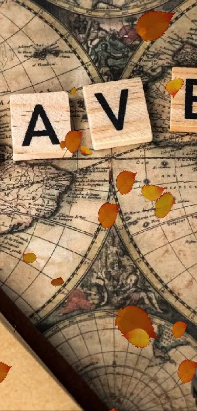 Vintage travel-themed wallpaper with map and travel accessories.