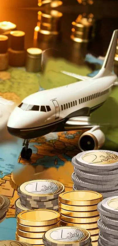 Model airplane on a world map with warm lighting.